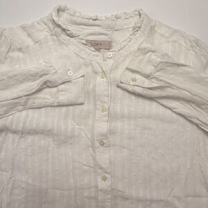 LOFT Womens White Swiss Dot Ruffle Neck Button Down Blouse Top Large Rayon